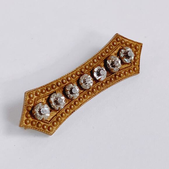 Antique Art Deco Brass Bar Brooch with Clear Rhinestones c1915 Edwardian Style - Picture 4 of 8